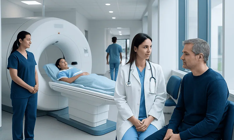 Medical team preparing patient for brain MRI scan in hospital.