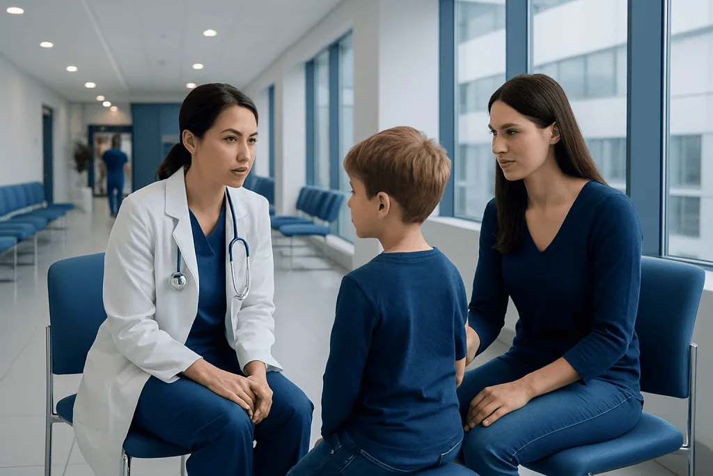 Adenoid Enlargement in Children: Signs, Sleep Problems, and Treatment 1 Doctor consulting with a young boy and his mother in a hospital corridor.