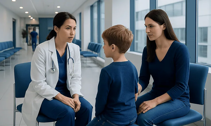 Doctor consulting with a young boy and his mother in a hospital corridor.
