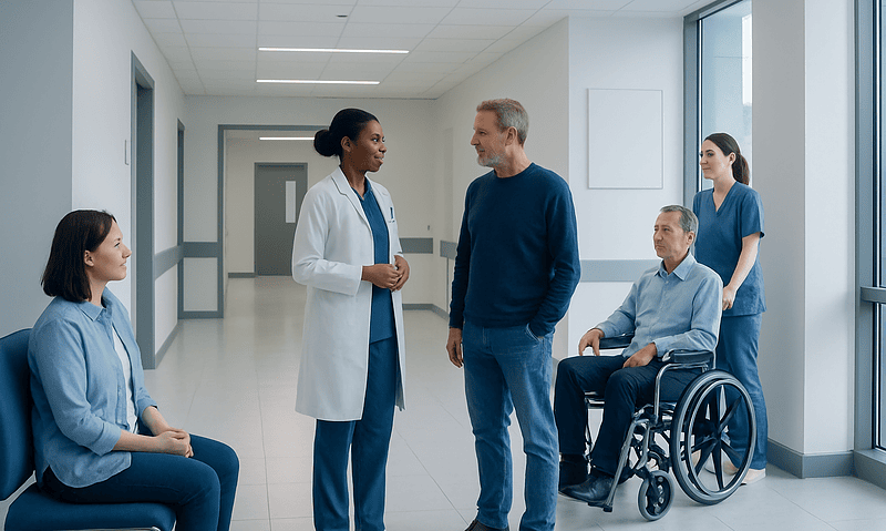 Medical team consulting with patient in hospital corridor.