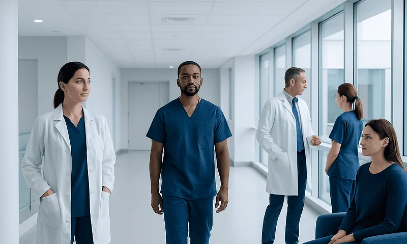 Medical team in hospital corridor with doctors and nurses.
