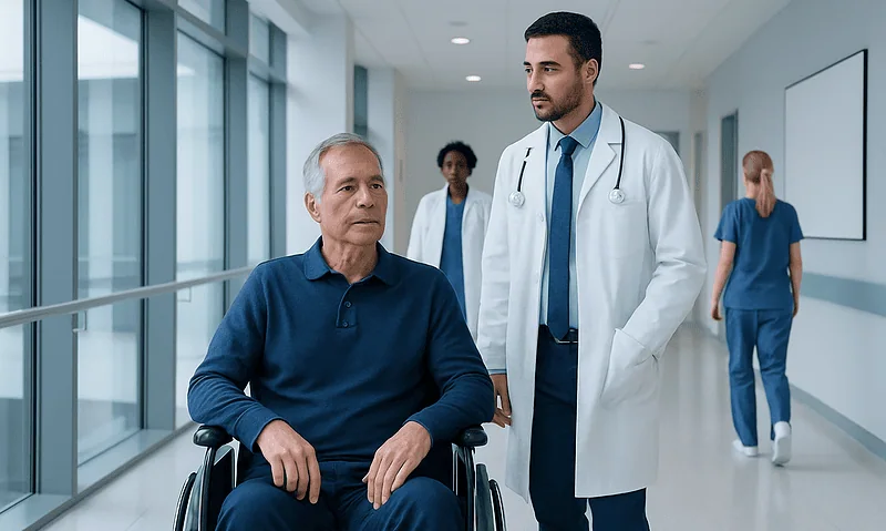 Doctor consulting with elderly patient in hospital corridor.