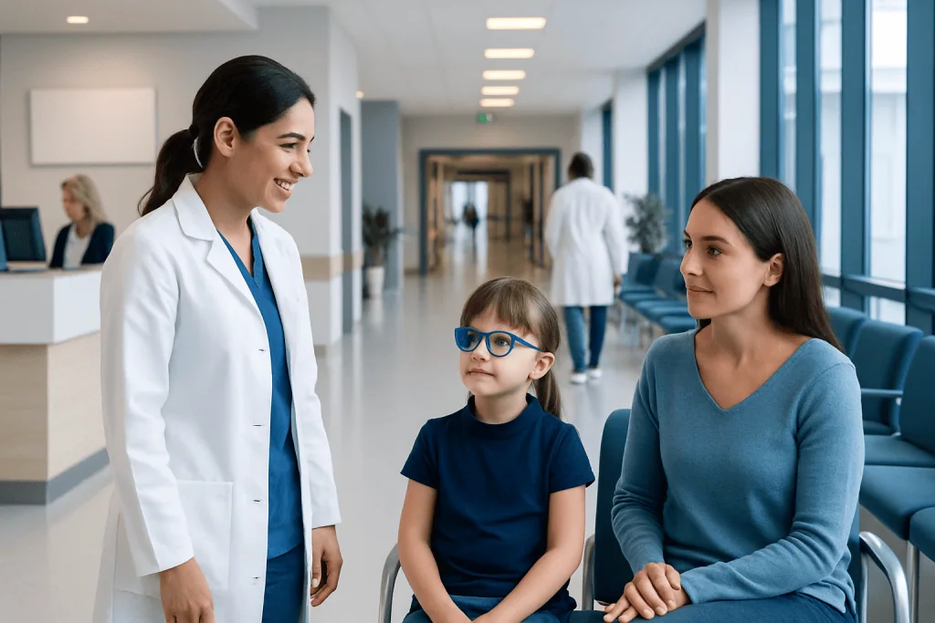 Amblyopia in Children: How Lazy Eye Is Diagnosed and Treated Early 1 Pediatric ophthalmology consultation at Acibadem Hospital with doctor, child, and mother.