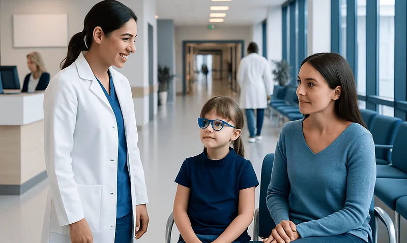 Pediatric ophthalmology consultation at Acibadem Hospital with doctor, child, and mother.