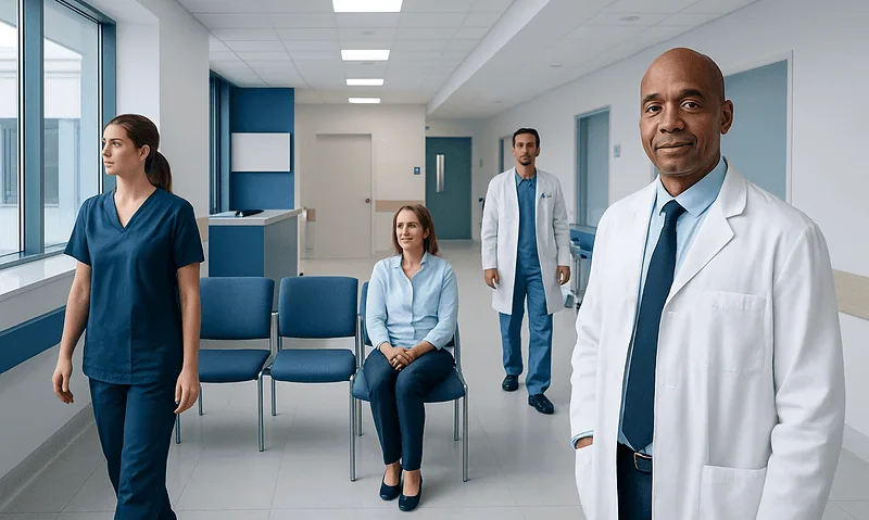 Medical team in a hospital waiting area with chairs and large windows.