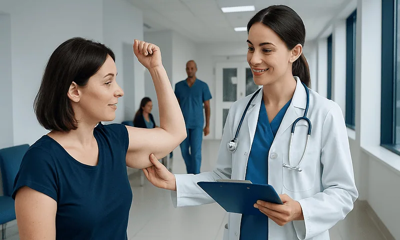 Doctor examining woman's arm in hospital corridor.
