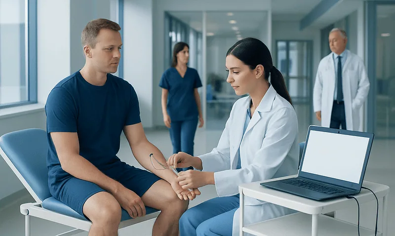 Patient undergoing EMG test in a hospital setting with medical staff present.