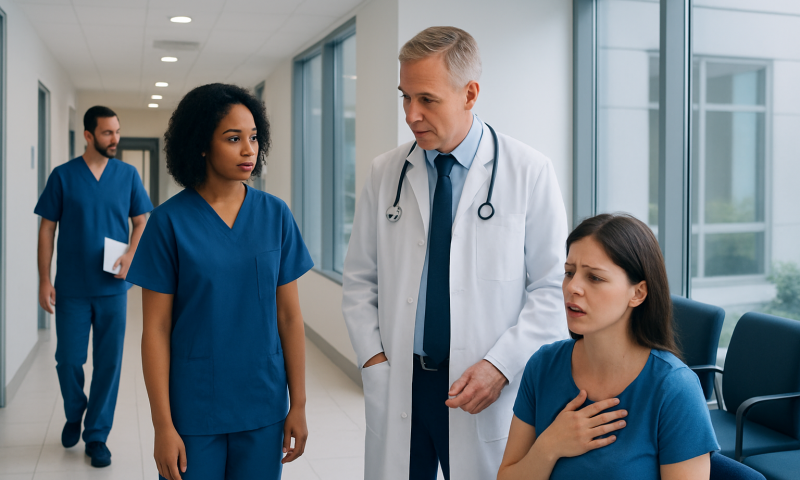 Medical team discussing patient symptoms in hospital corridor.