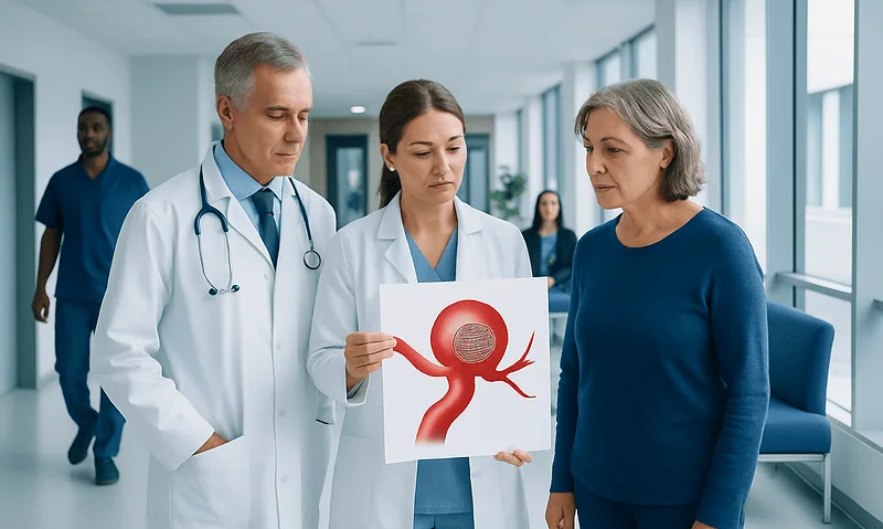 Medical team discussing brain aneurysm treatment options with patient in hospital.