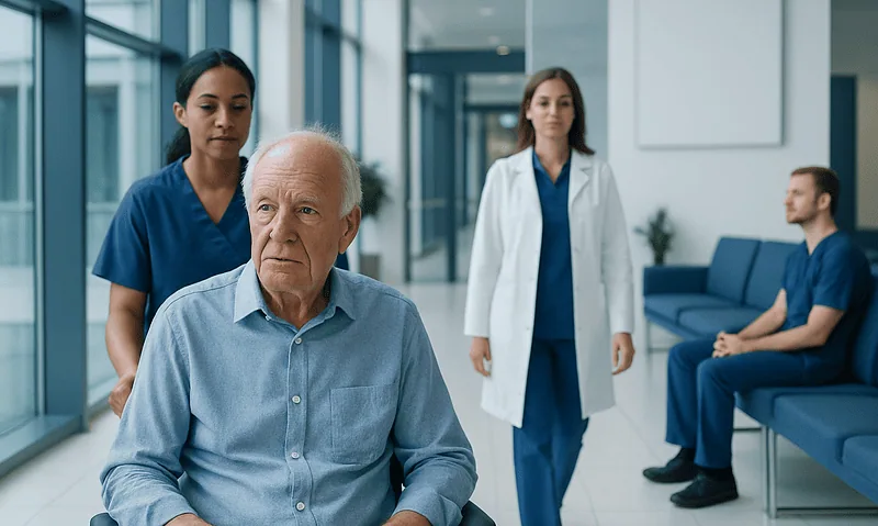 Elderly patient with medical staff in hospital corridor.