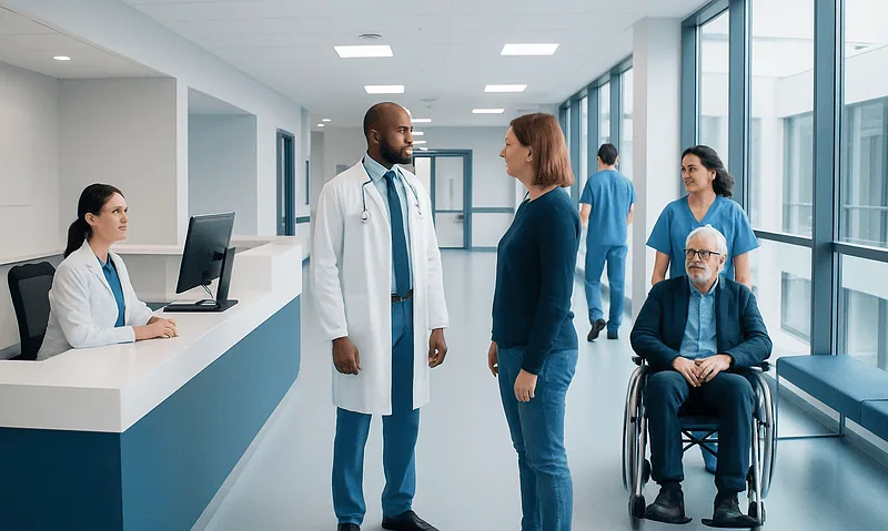 Medical staff and patient in hospital corridor with large windows.