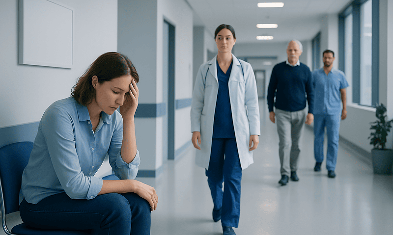 Worried woman sitting in hospital corridor with medical staff nearby.