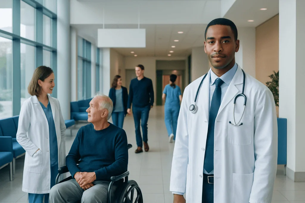 Aortic Aneurysm Repair: Open Surgery vs Endovascular Treatment 1 Medical team and patient in hospital corridor, healthcare professionals in white coats.