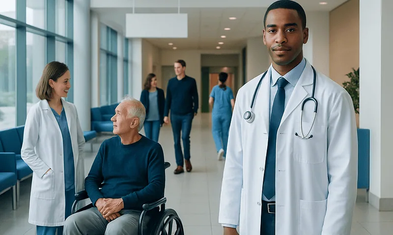 Medical team and patient in hospital corridor, healthcare professionals in white coats.