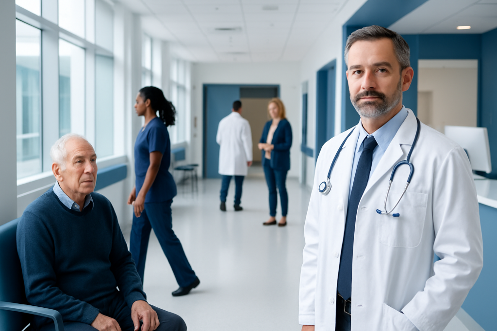 Aortic Stenosis: Symptoms, Echocardiogram Findings, and Valve Treatment Options 1 Doctor with patient in hospital corridor at Acibadem Hospitals Group.