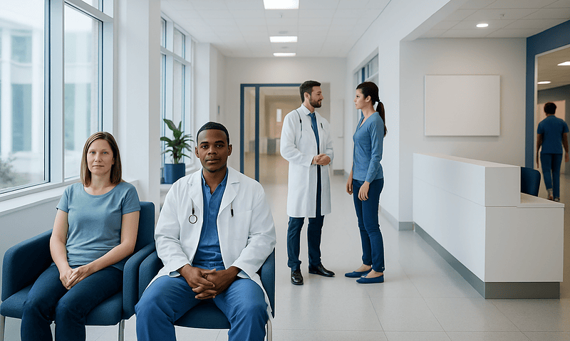 Diverse group of patients and doctors in a modern hospital corridor.