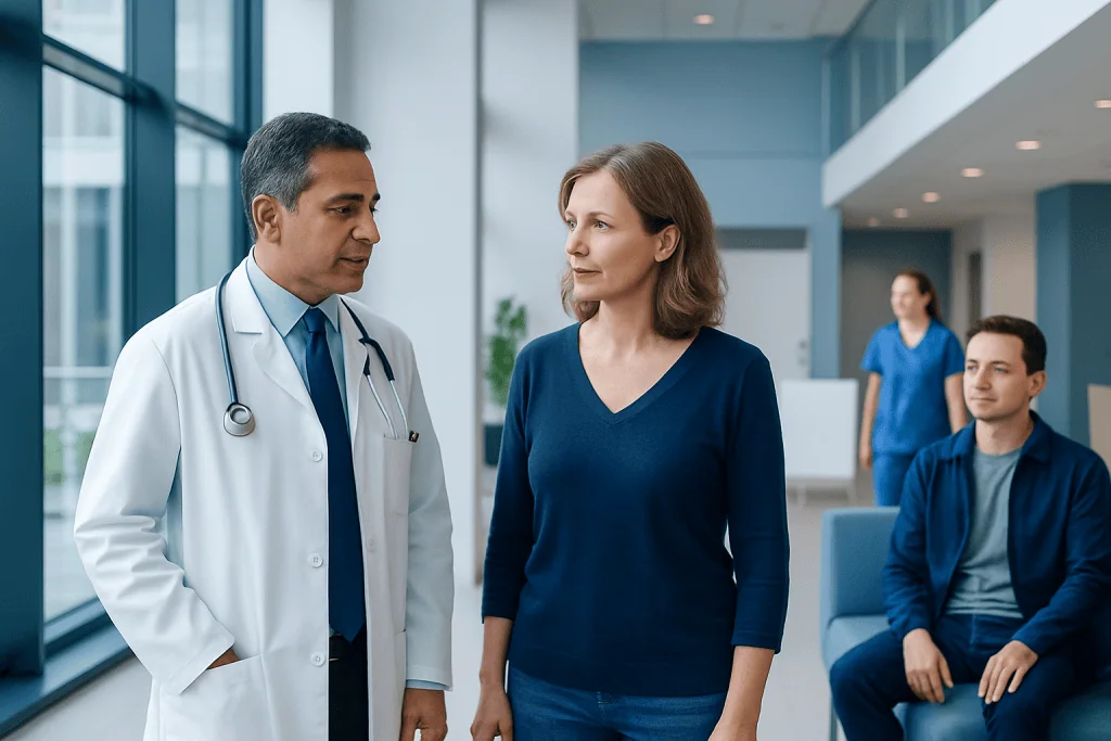 Arteriovenous Malformation Treatment: Embolization, Surgery, or Radiosurgery? 1 Doctor consulting a female patient in a modern hospital lobby.