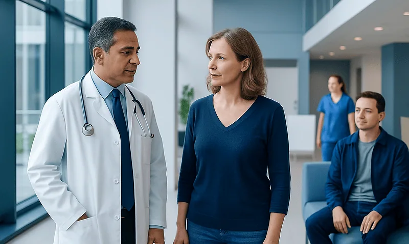 Doctor consulting a female patient in a modern hospital lobby.