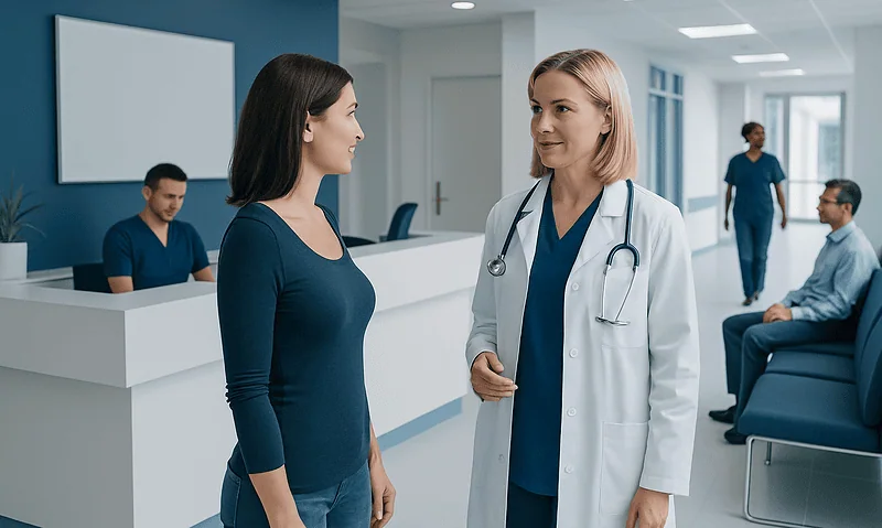 Doctor consulting a patient in a modern hospital reception area.