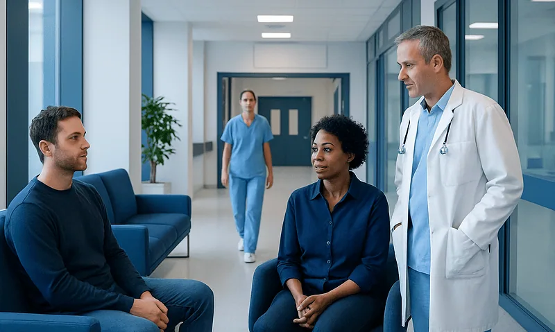 Doctor consulting with patients in a hospital corridor.