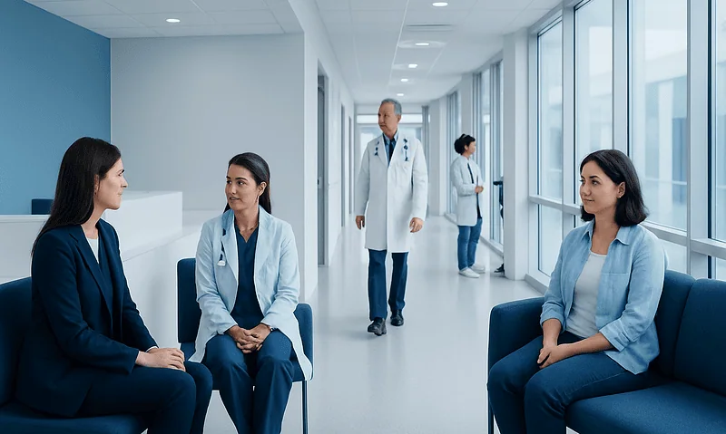 Medical professionals consulting patients in a modern hospital corridor.