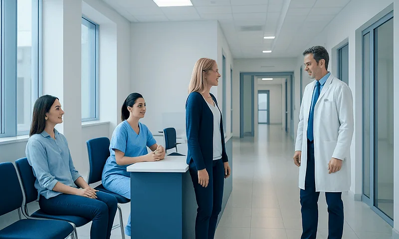 Doctor speaking with female patient in hospital corridor with nurses nearby.