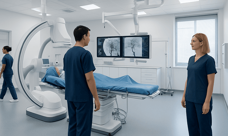 Medical team preparing for a vascular procedure in a modern hospital.