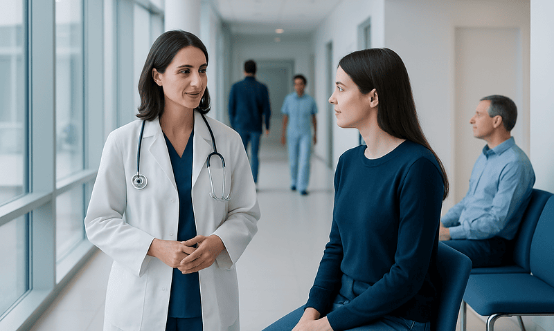 Doctor consulting a patient in a modern hospital corridor.