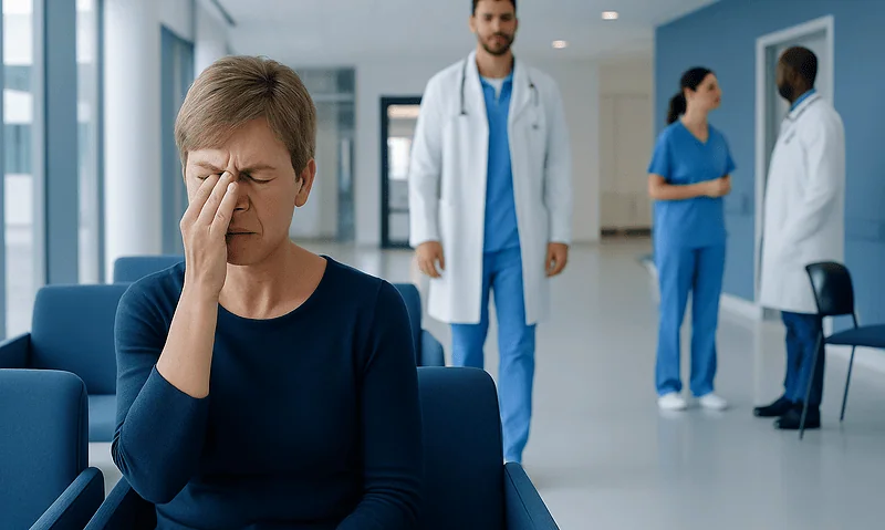 Patient experiencing eye spasms in a hospital setting with medical staff nearby.