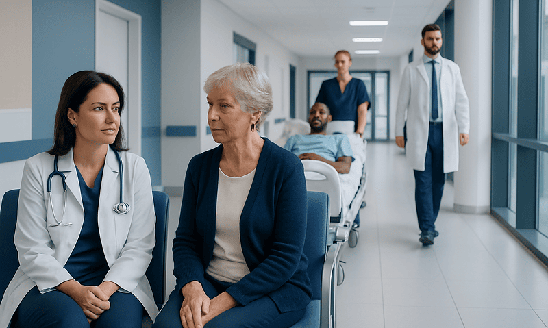Hospital corridor with patients and medical staff during a consultation.