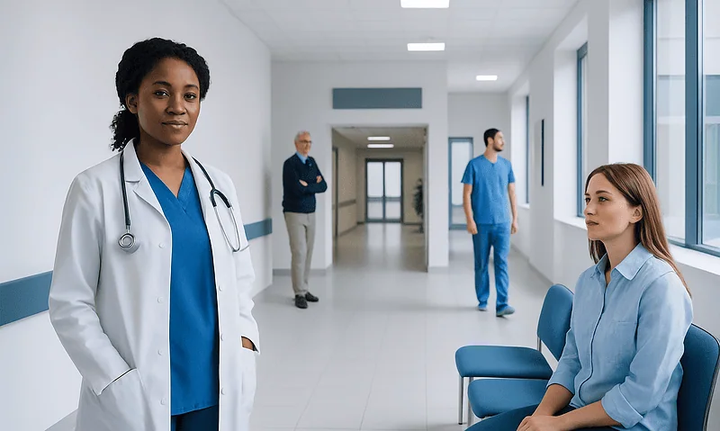 Medical professionals and patients in a hospital corridor.