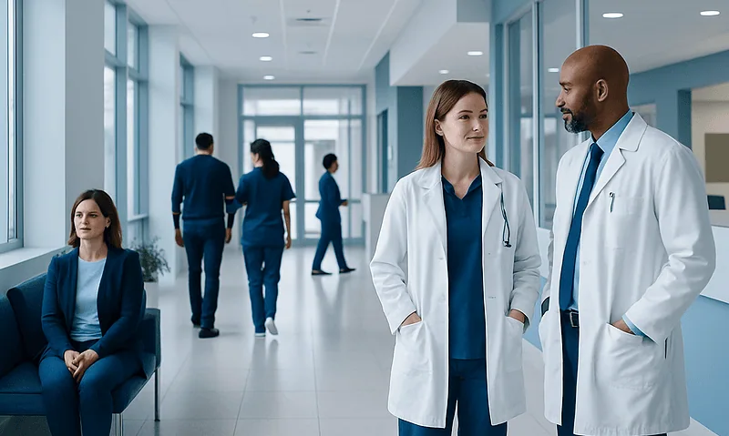 Medical professionals discussing in a hospital corridor with patients nearby.
