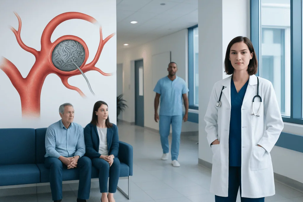 Brain Aneurysm Coiling: Procedure Steps, Risks, and Recovery 1 Medical team and patients in a hospital corridor with brain aneurysm model.