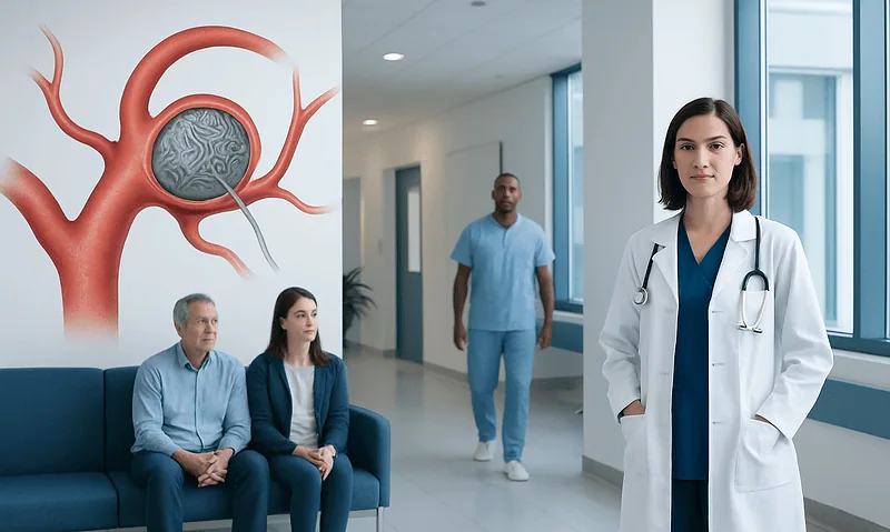 Medical team and patients in a hospital corridor with brain aneurysm model.