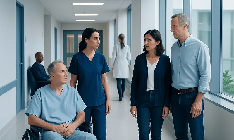 Hospital staff consulting with a patient in a modern medical corridor.