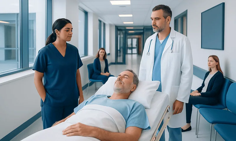 Medical team preparing patient for brain angiography procedure in hospital corridor.