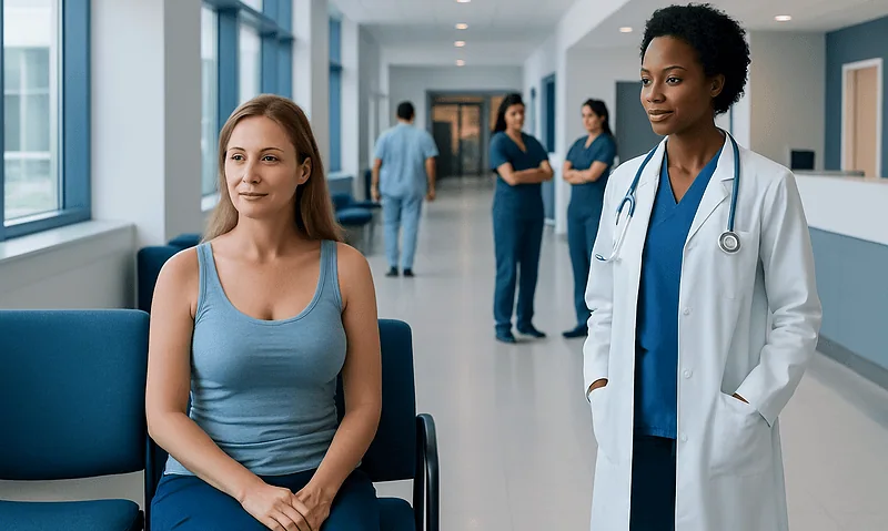 Patient in a hospital waiting area with medical staff in the background.