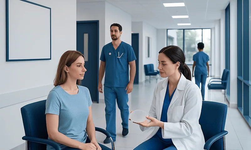 Medical consultation in hospital with female patient and healthcare professionals.