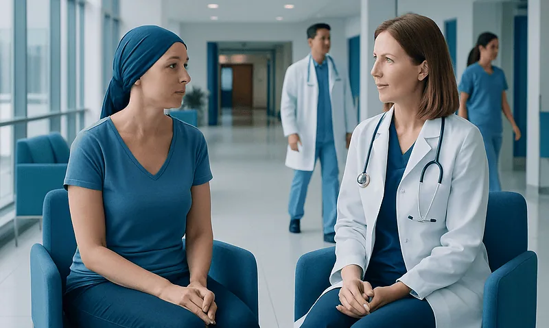 Patient and doctor having a consultation in a hospital corridor.