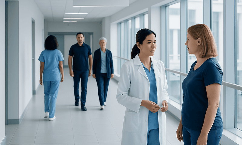 Healthcare professionals discussing patient care in hospital corridor.