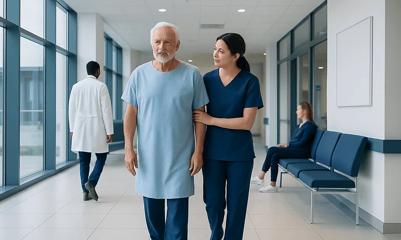 Patient walking with nurse in hospital corridor after CABG surgery.