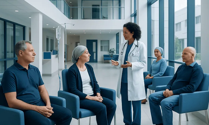 Doctor consulting with patients in a modern hospital waiting area.