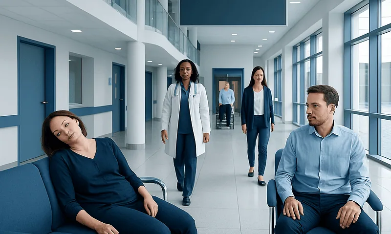 Hospital corridor with patients and medical staff in a modern healthcare facility.