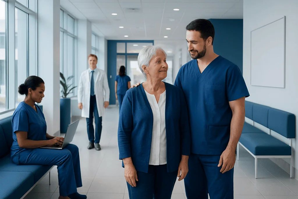 Cataract Surgery: Lens Options, Vision Goals, and What to Expect 1 Healthcare professionals and patient in a modern hospital corridor.