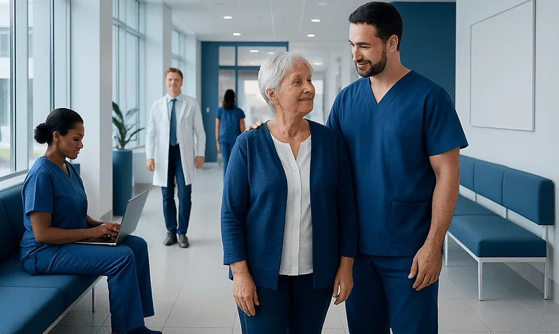 Healthcare professionals and patient in a modern hospital corridor.