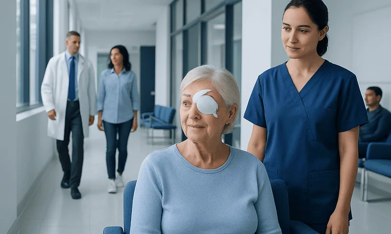 Elderly woman with eye patch after cataract surgery in hospital corridor.