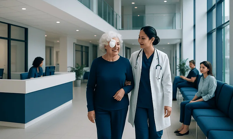 Happy elderly woman with eye patch walking with doctor in hospital lobby.