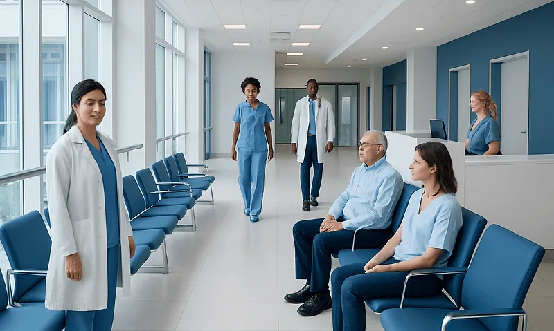 Medical staff and patients in a modern hospital corridor.
