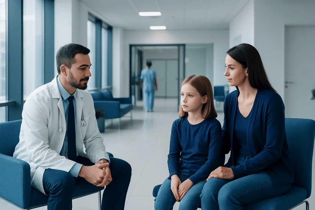 Celiac Disease in Children: Symptoms, Testing, and Living Gluten-Free 1 Doctor consulting with a young girl and her mother in a hospital corridor.