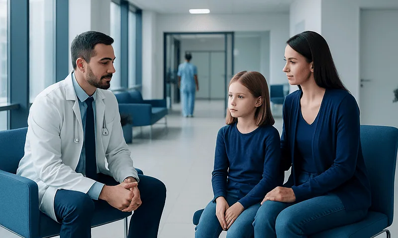 Doctor consulting with a young girl and her mother in a hospital corridor.